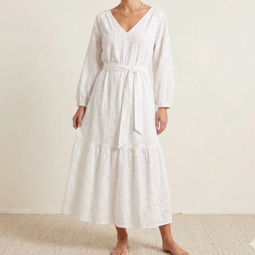 Autograph White Embroidered V-Neck Midi Dress Long Sleeve‎ Tiered Eyelet Size 24
